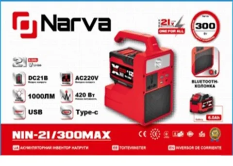 Інвертор NARVA NIN-21 300 MAX в оригінальній упаковці з технічними характеристиками та інформацією про функції пристрою.