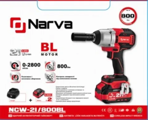 Гайковерт NARVA NCW-21 800BL, упаковка з технічними характеристиками, напругою 21 В і максимальним крутним моментом 800 Нм.